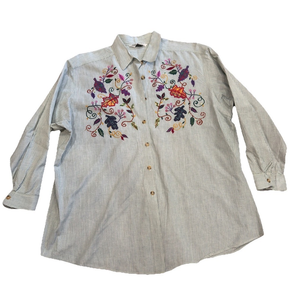 Vintage Victoria Jones Striped Fall‎ Embroidered Button Down Blouse Top Size 22W